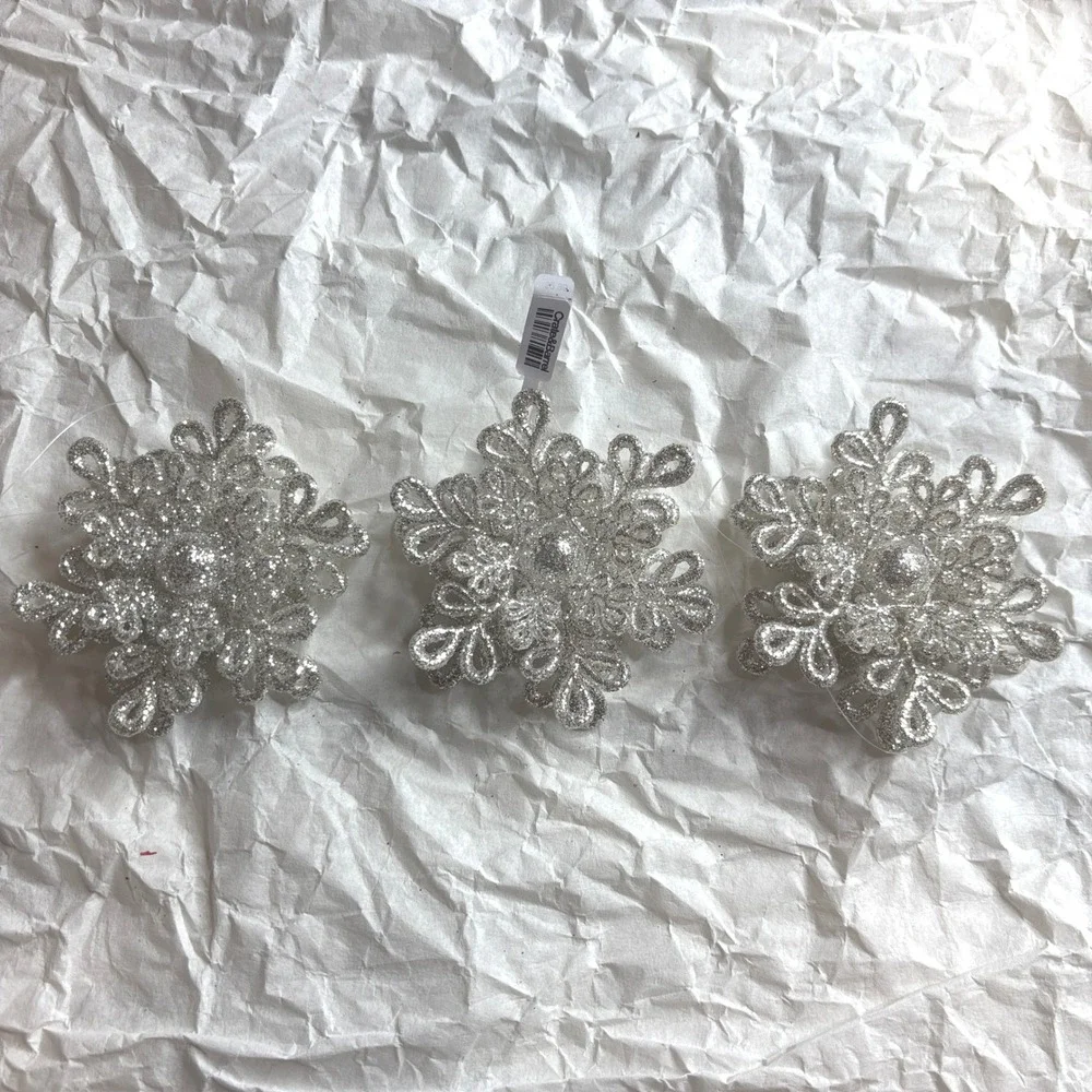 Crate & Barrel Snowflake Ornaments Set of 3 Silver NEW Glitter Dimensional 3in